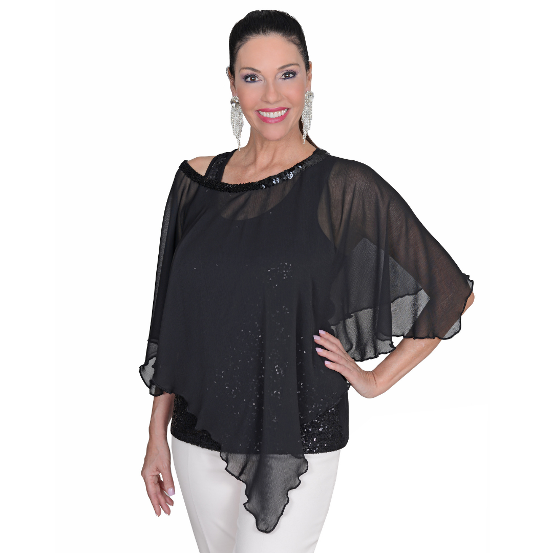 The Poncho-Black Poncho with Sequin Neckline / One Size-Sleeves 2 Go